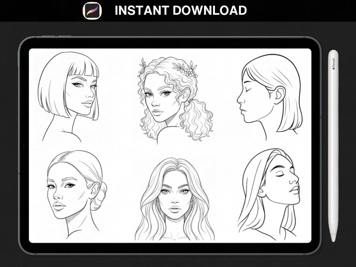 100 Procreate Face Stamps | Realistic Face Poses for Illustration & Portraits bundle