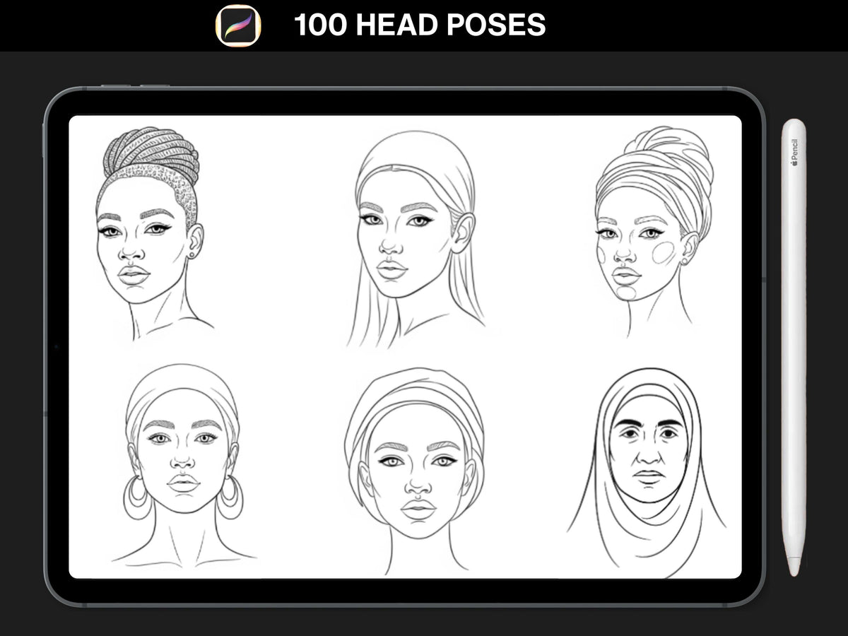100 Procreate Face Stamps | Realistic Face Poses for Illustration & Portraits bundle