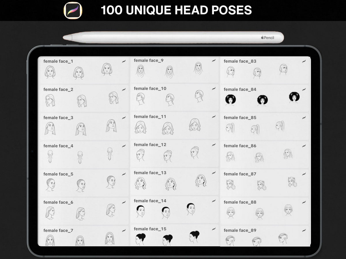 100 Procreate Face Stamps | Realistic Face Poses for Illustration & Portraits bundle