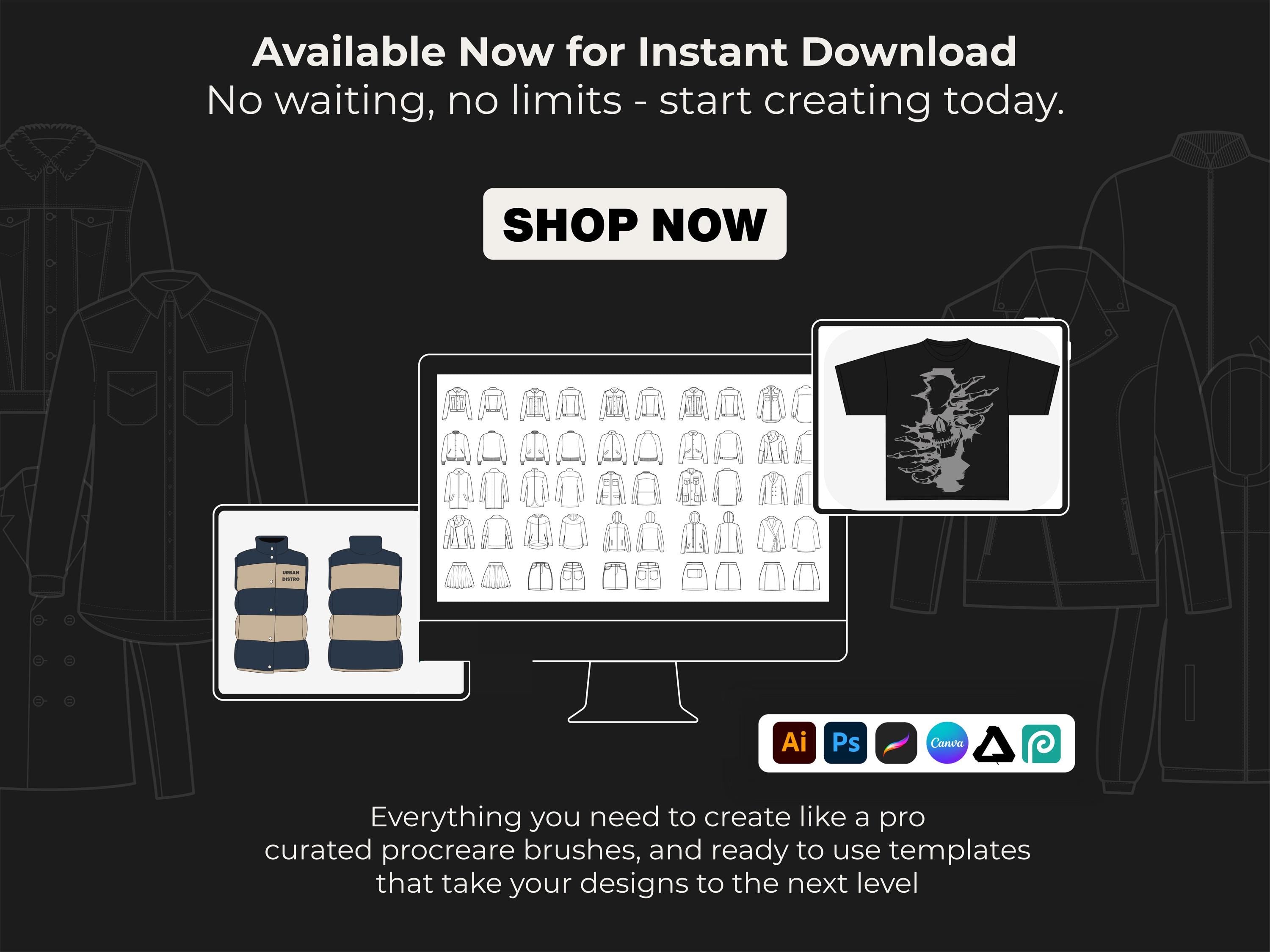 8,400+ Clothing Mockups Bundle, mega Fashion Designer Pack, Procreate Brushes, Streetwear Vector Mockups, Tech Pack Template, SVG PNG AI