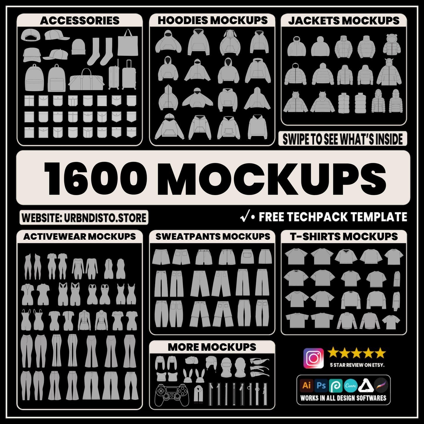 Streetwear vector mockups pack | 1600 clothing mockup templates for street fashion brands mega bundle, tshirt mockups and more ai, svg png