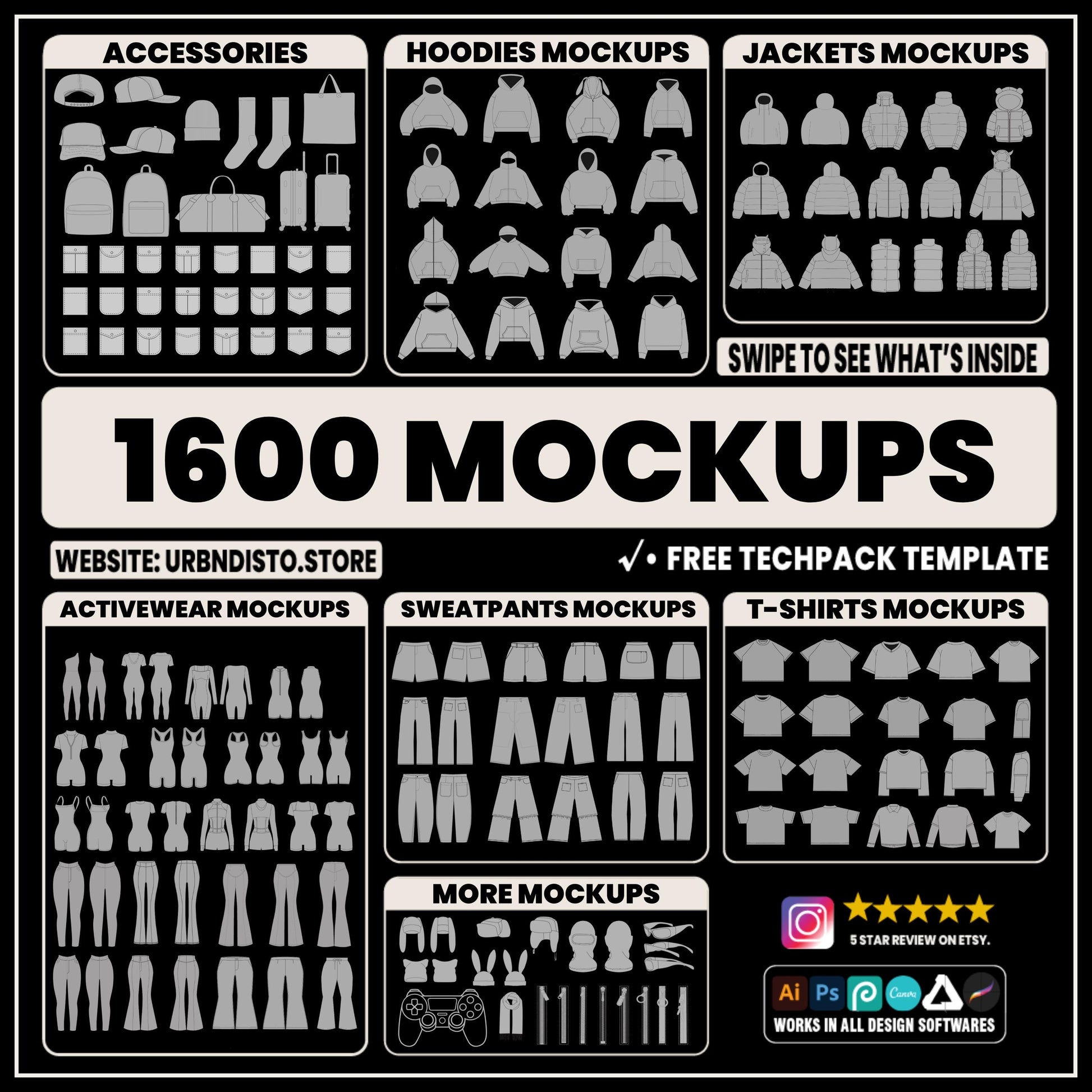 Streetwear vector mockups pack | 1600 clothing mockup templates for street fashion brands mega bundle, tshirt mockups and more ai, svg png