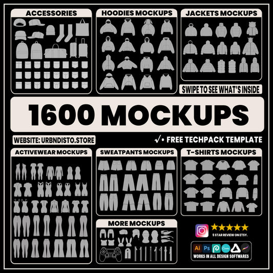 Streetwear vector mockups pack | 1600 clothing mockup templates for street fashion brands mega bundle, tshirt mockups and more ai, svg png