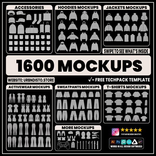 Streetwear vector mockups pack | 1600 clothing mockup templates for street fashion brands mega bundle, tshirt mockups and more ai, svg png