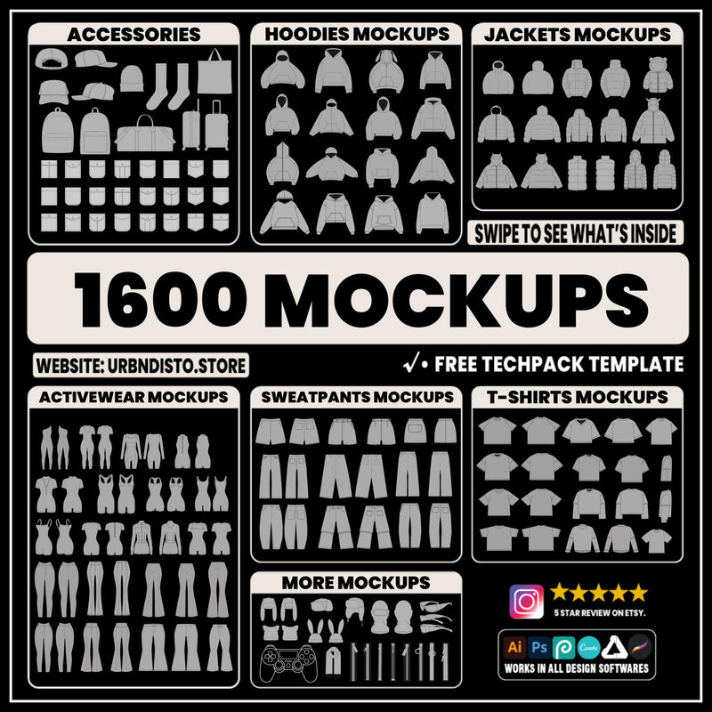 Streetwear vector mockups pack | 1600 clothing mockup templates for street fashion brands mega bundle, tshirt mockups and more ai, svg png