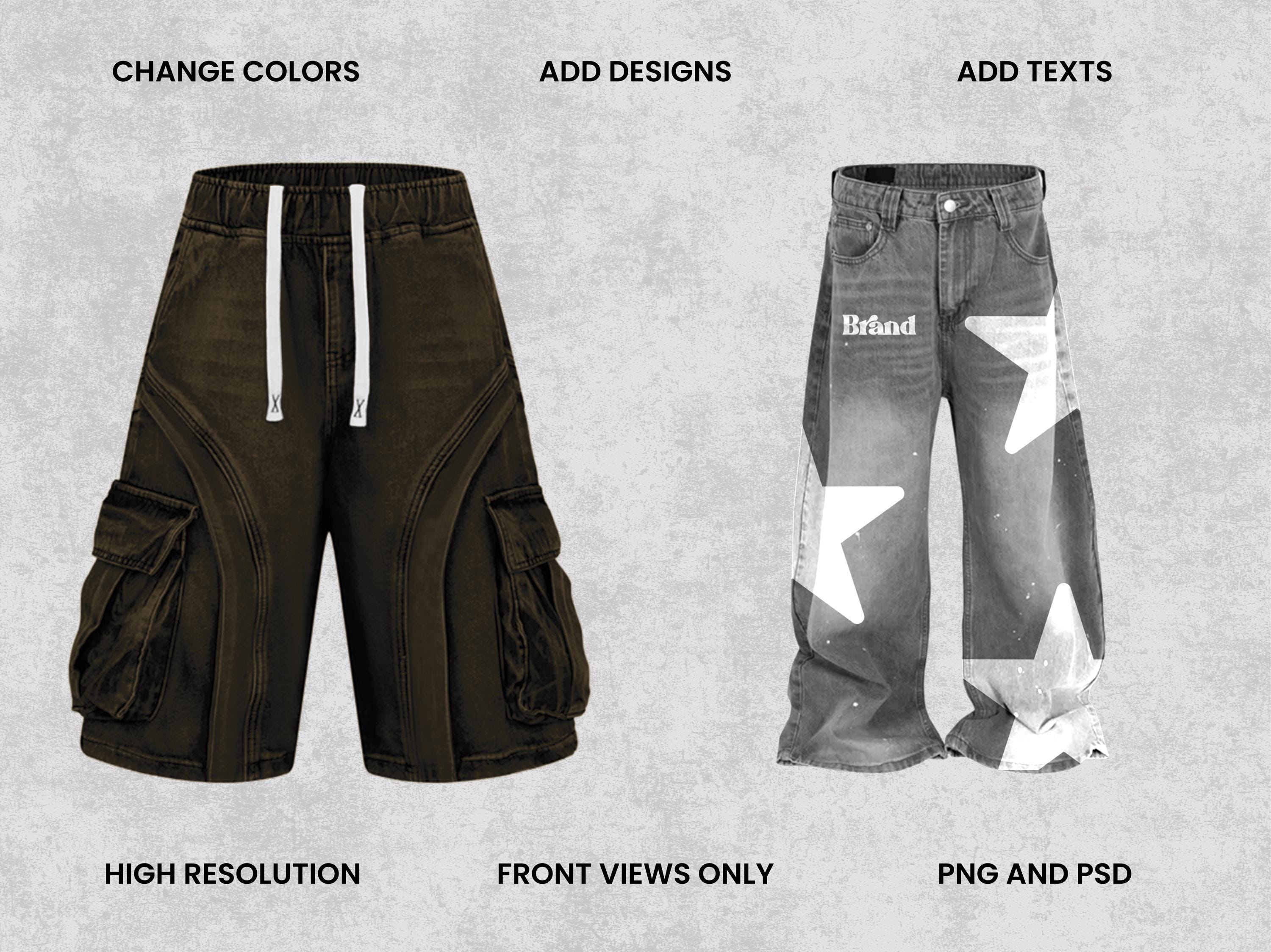 Realistic Bottoms Mockups Bundle | 100 Streetwear Sweatpants, jeans, jorts and shorts Clothing Mockup pack | Front View