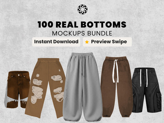 Realistic Bottoms Mockups Bundle | 100 Streetwear Sweatpants, jeans, jorts and shorts Clothing Mockup pack | Front View