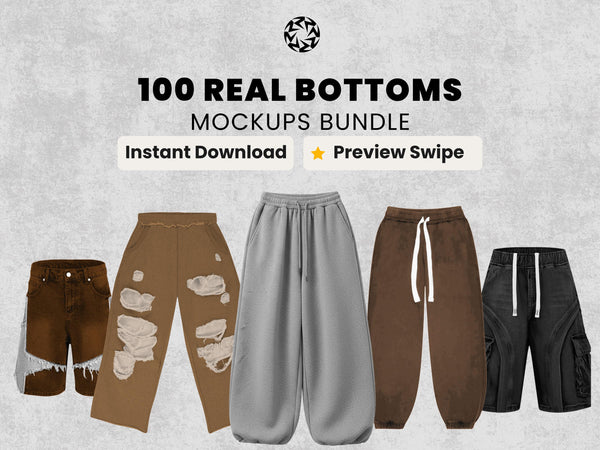 Realistic Bottoms Mockups Bundle | 100 Streetwear Sweatpants, jeans, jorts and shorts Clothing Mockup pack | Front View