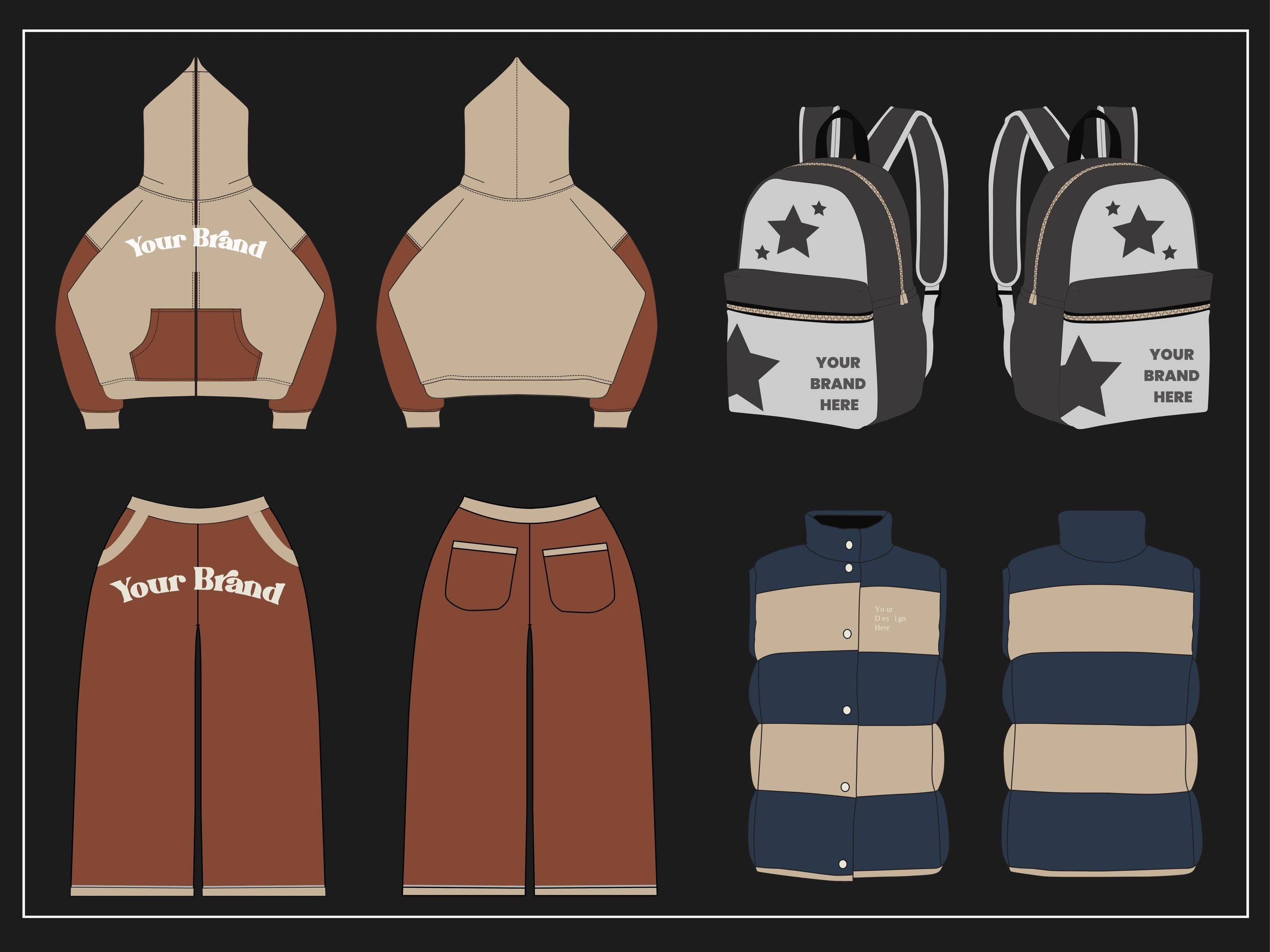 Streetwear vector mockups pack | 12,000+ clothing mockup combinations and a tech pack template Illustrator Procreate AI PNG SVG