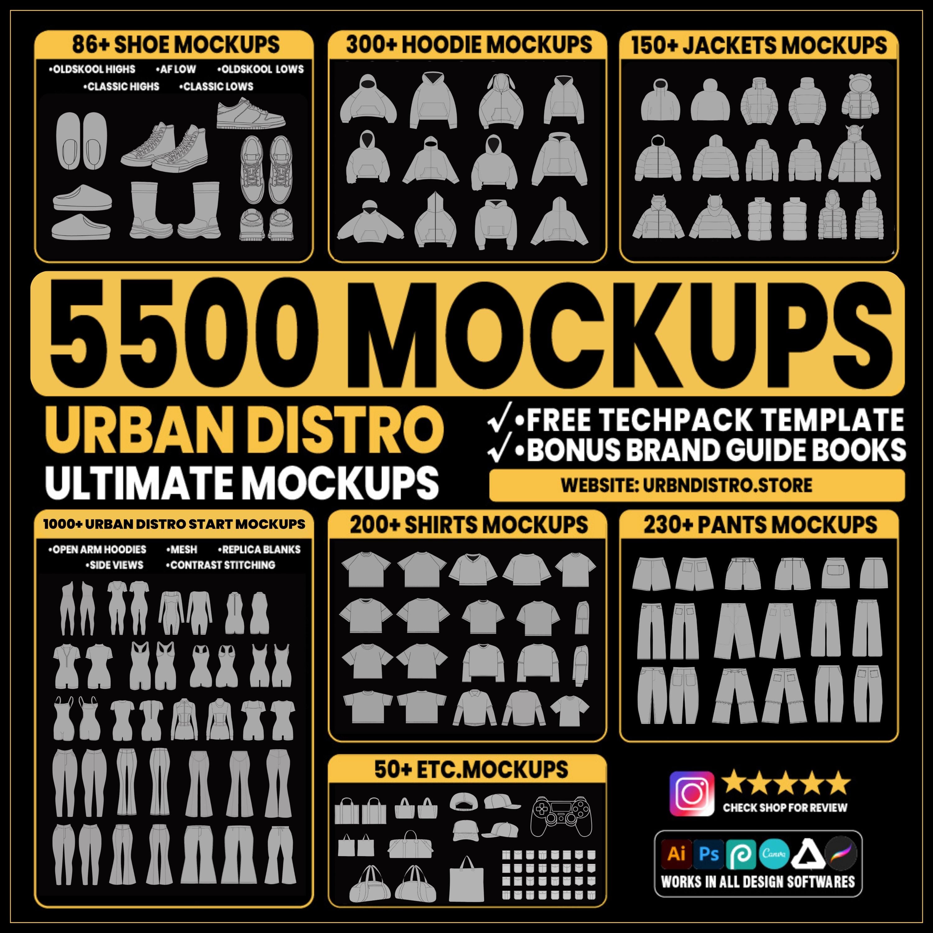 8,400+ Clothing Mockups Bundle, mega Fashion Designer Pack, Procreate Brushes, Streetwear Vector Mockups, Tech Pack Template, SVG PNG AI