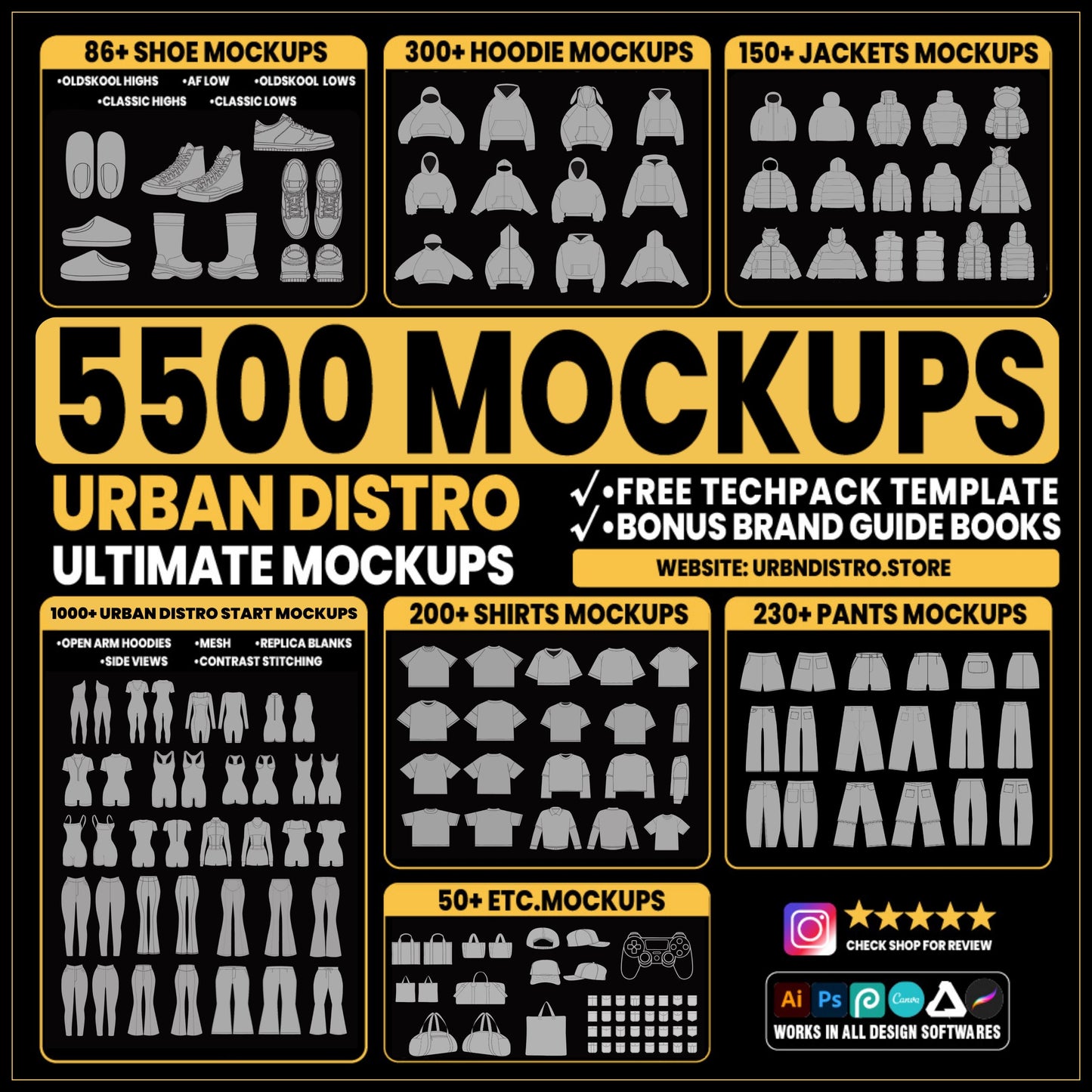 8,400+ Clothing Mockups Bundle, mega Fashion Designer Pack, Procreate Brushes, Streetwear Vector Mockups, Tech Pack Template, SVG PNG AI