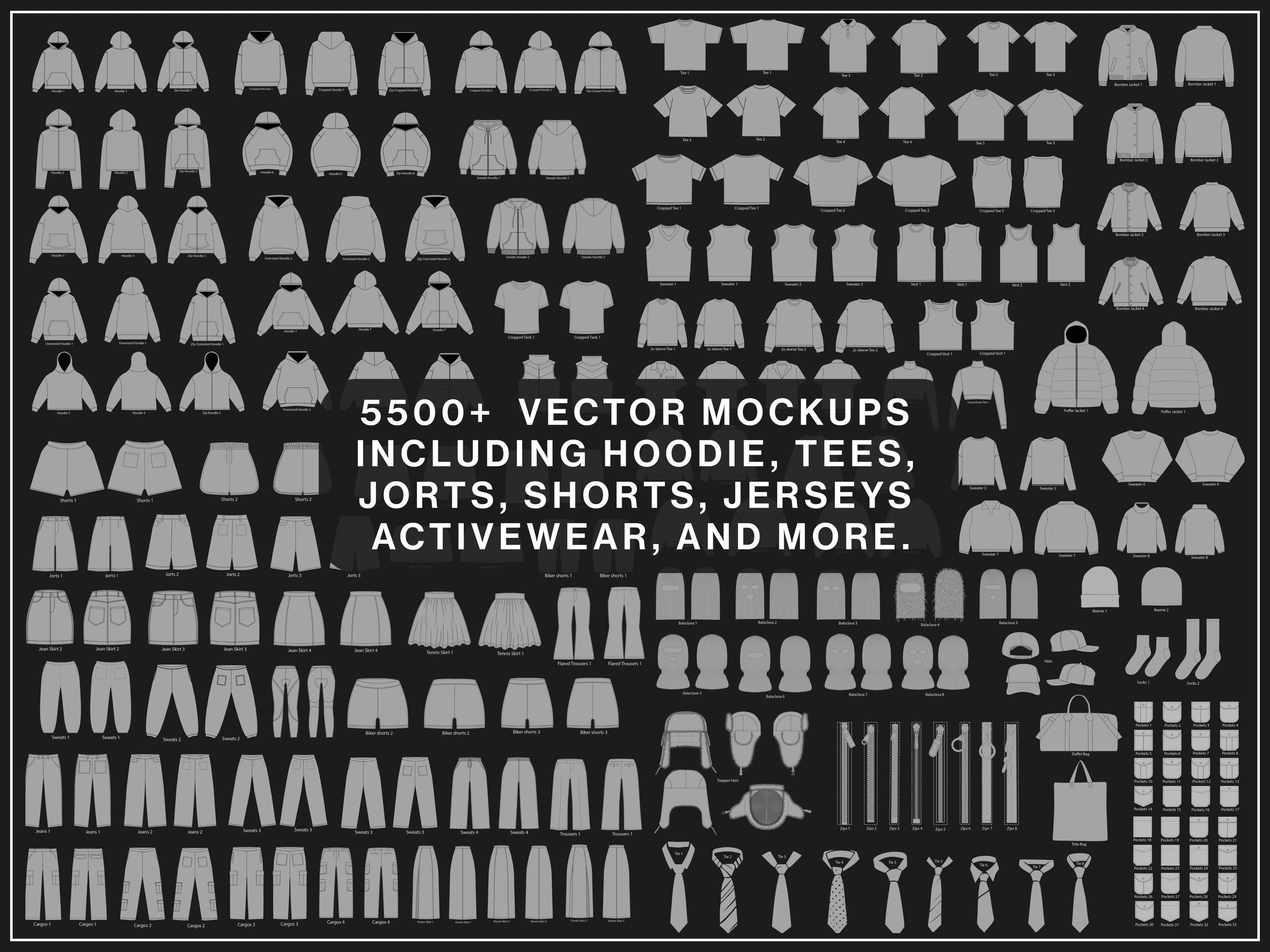 8,400+ Clothing Mockups Bundle, mega Fashion Designer Pack, Procreate Brushes, Streetwear Vector Mockups, Tech Pack Template, SVG PNG AI