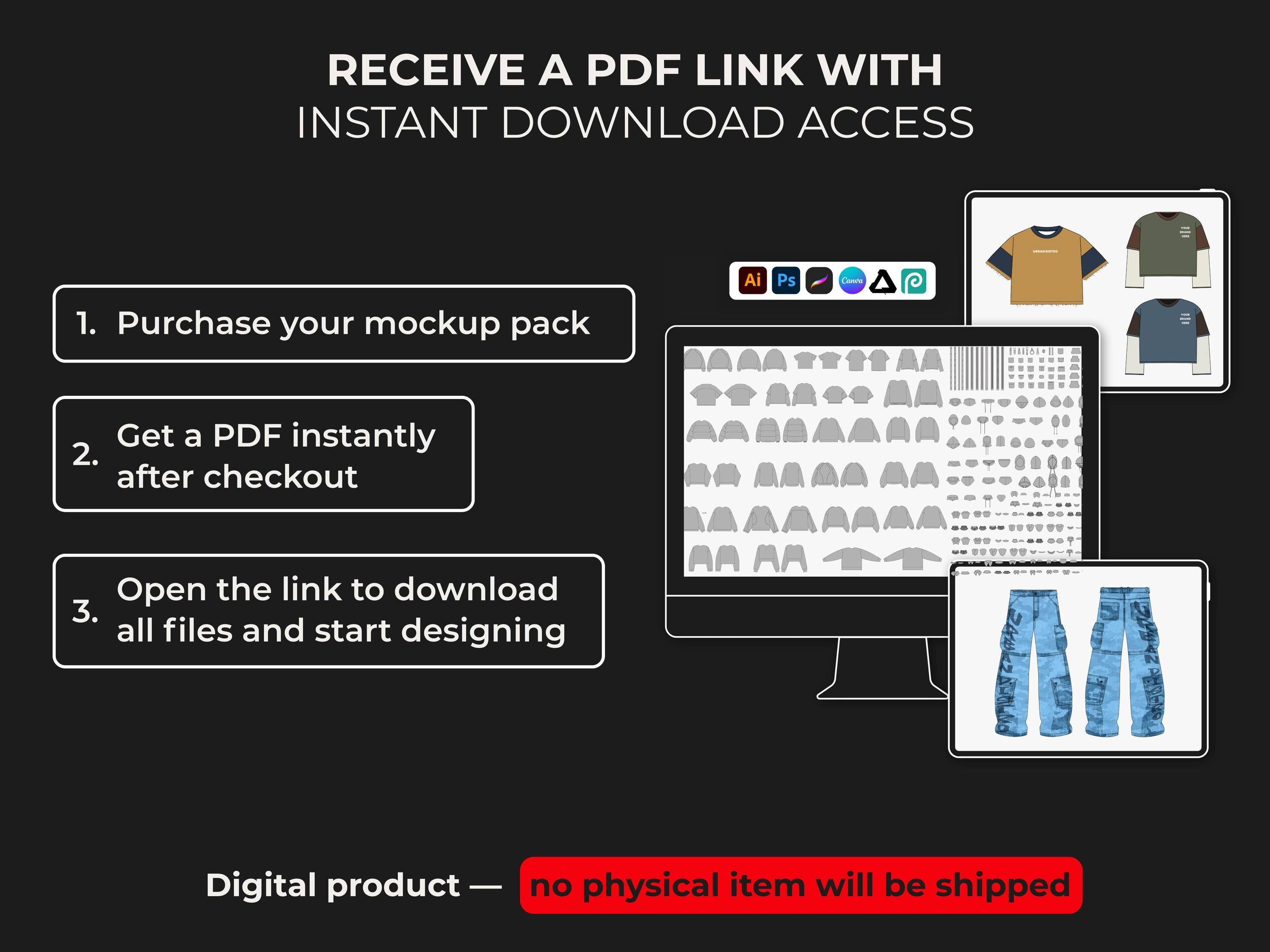 Streetwear vector mockups pack | 12,000+ clothing mockup combinations and a tech pack template Illustrator Procreate AI PNG SVG