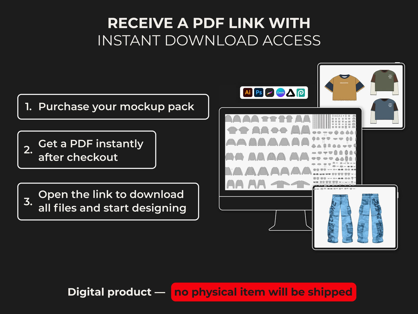 Streetwear vector mockups pack | 12,000+ clothing mockup combinations and a tech pack template Illustrator Procreate AI PNG SVG