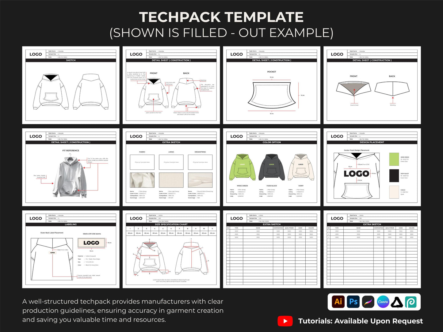 Streetwear vector mockups pack | 12,000+ clothing mockup combinations and a tech pack template Illustrator Procreate AI PNG SVG