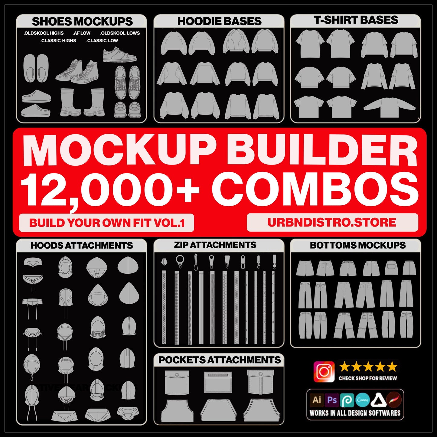 8,400+ Clothing Mockups Bundle, mega Fashion Designer Pack, Procreate Brushes, Streetwear Vector Mockups, Tech Pack Template, SVG PNG AI