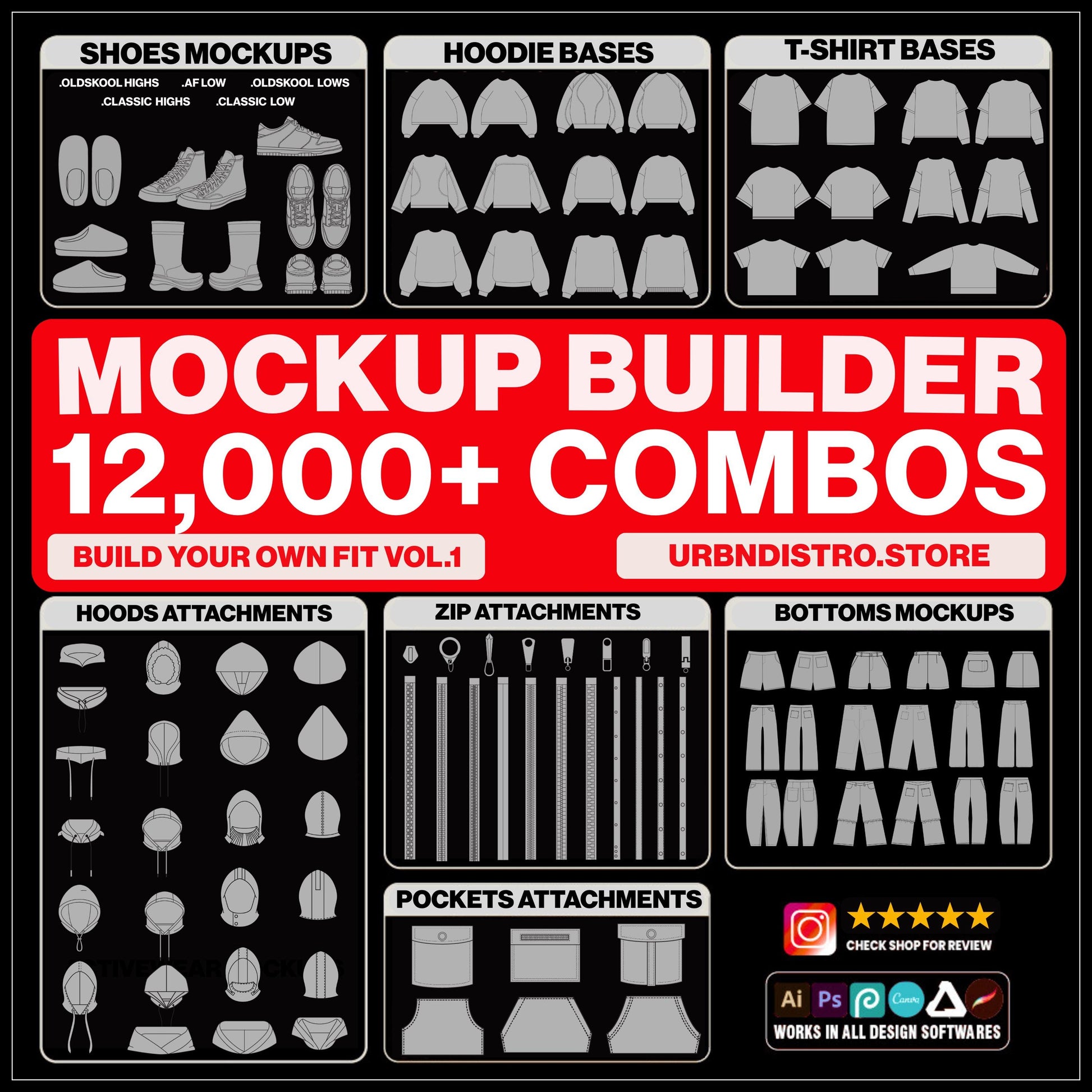 8,400+ Clothing Mockups Bundle, mega Fashion Designer Pack, Procreate Brushes, Streetwear Vector Mockups, Tech Pack Template, SVG PNG AI
