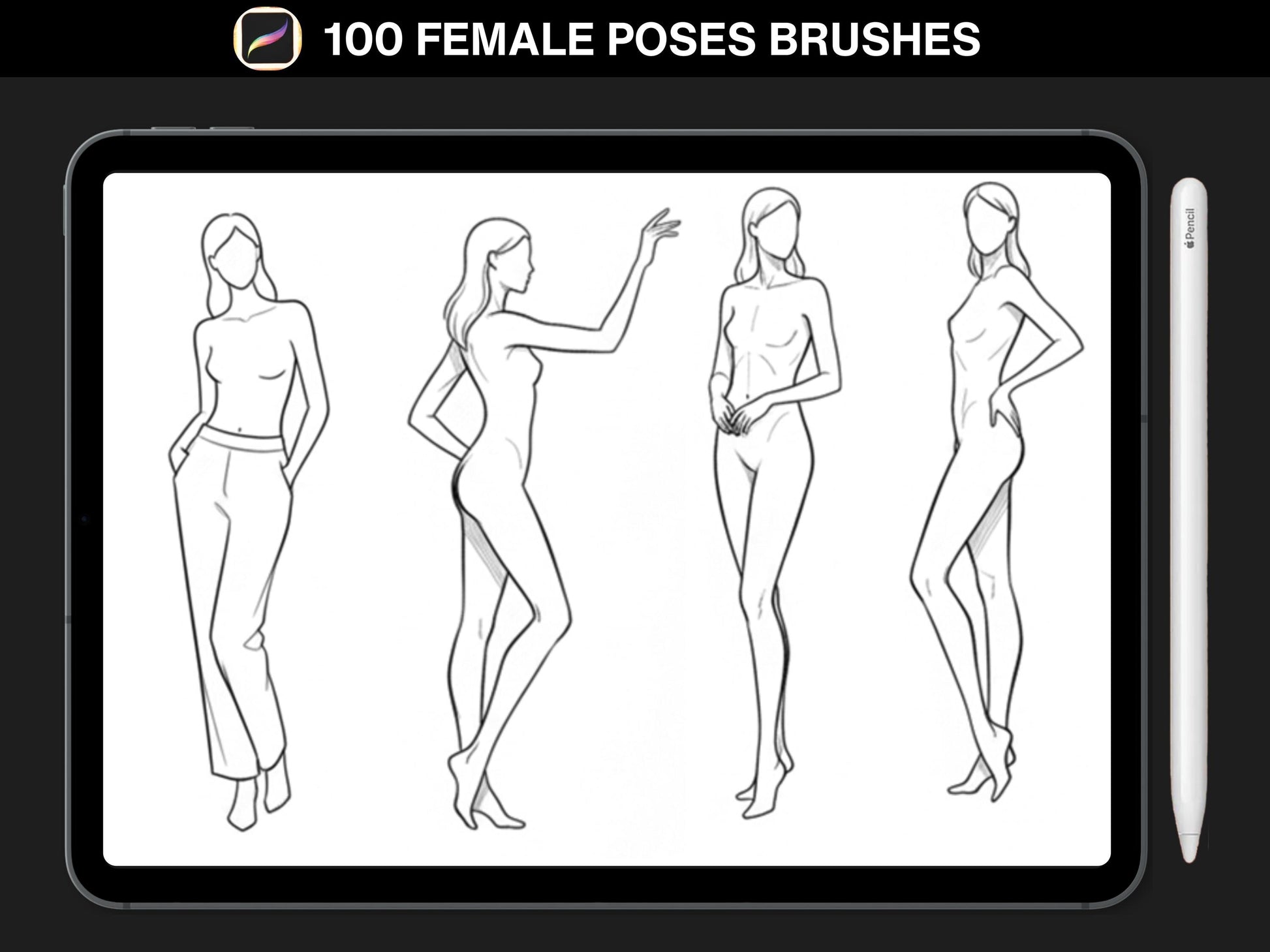100 Female Body Pose Stamps for Procreate | Fashion Figure Poses & Illustration Templates