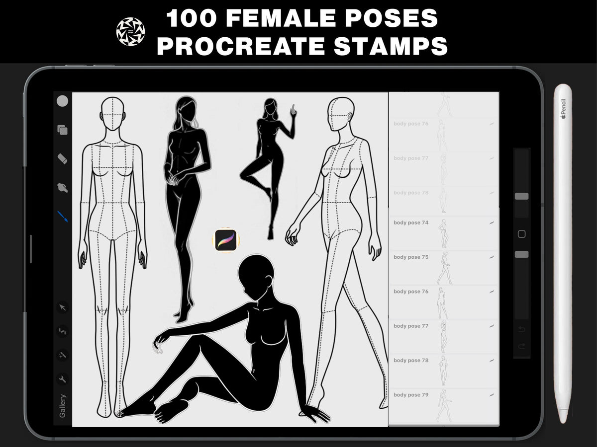 100 Female Body Pose Stamps for Procreate | Fashion Figure Poses & Illustration Templates