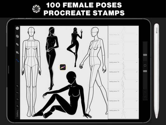 100 Female Body Pose Stamps for Procreate | Fashion Figure Poses & Illustration Templates