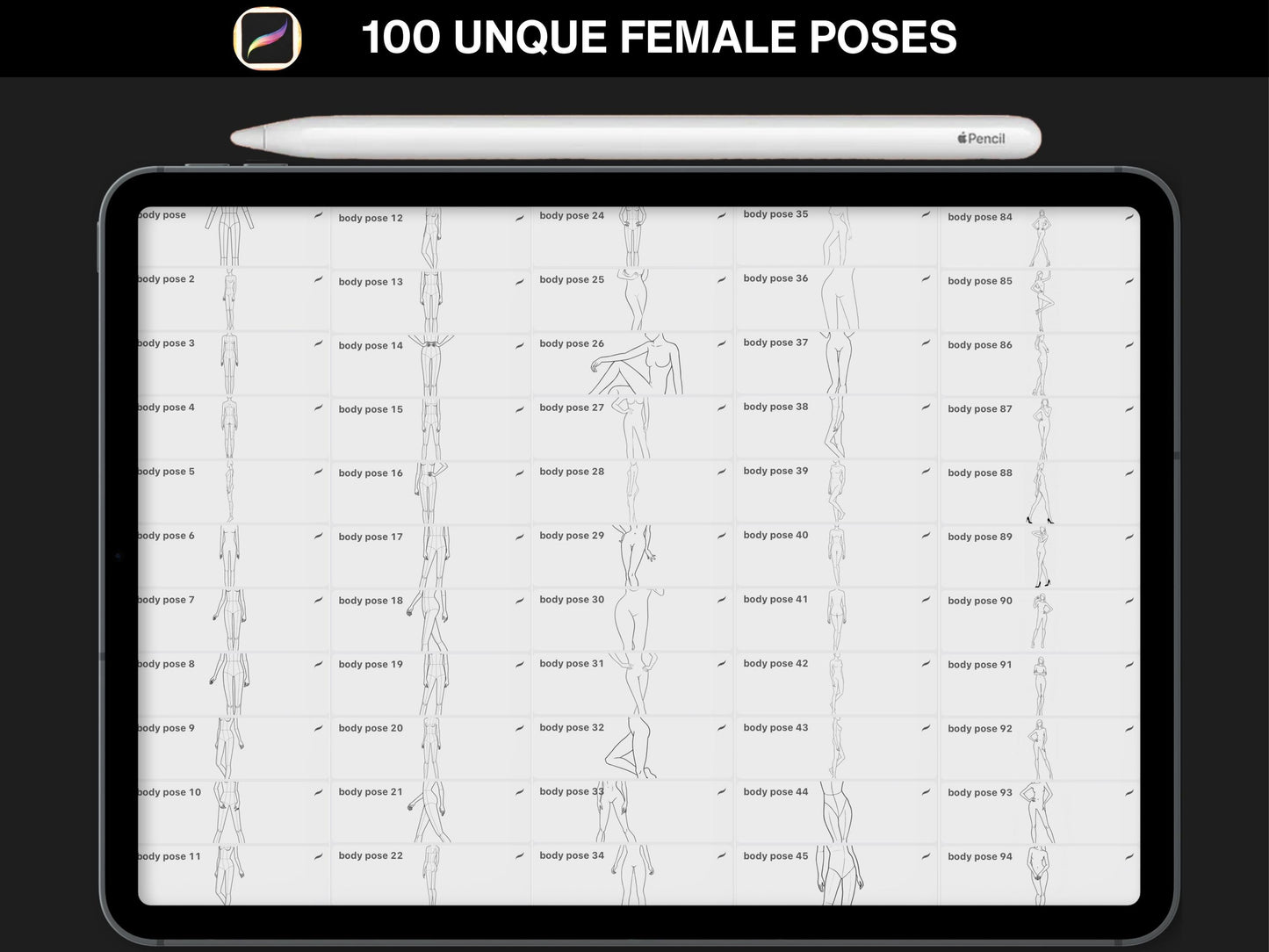 100 Female Body Pose Stamps for Procreate | Fashion Figure Poses & Illustration Templates