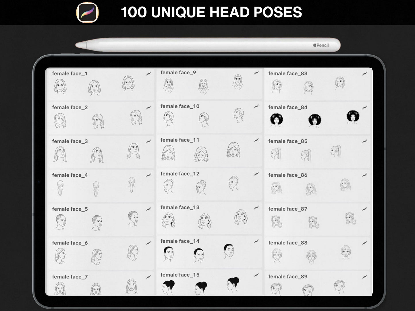 100 Procreate Face Stamps | Realistic Face Poses for Illustration & Portraits bundle