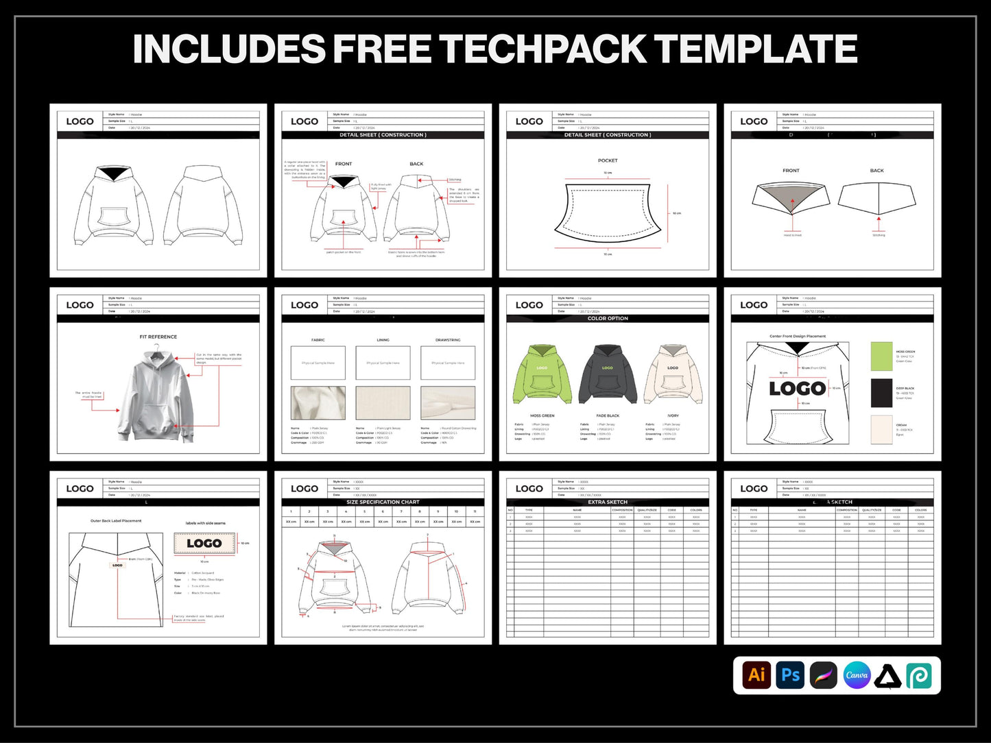 1500+ Procreate Clothing Brushes | Streetwear Mockups Designer Brush Set bundle | Stitches, Chains, Textures, Zippers, tech pack template