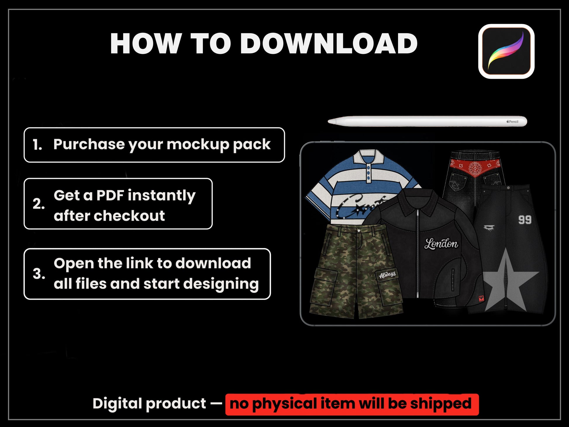 1500+ Procreate Clothing Brushes | Streetwear Mockups Designer Brush Set bundle | Stitches, Chains, Textures, Zippers, tech pack template