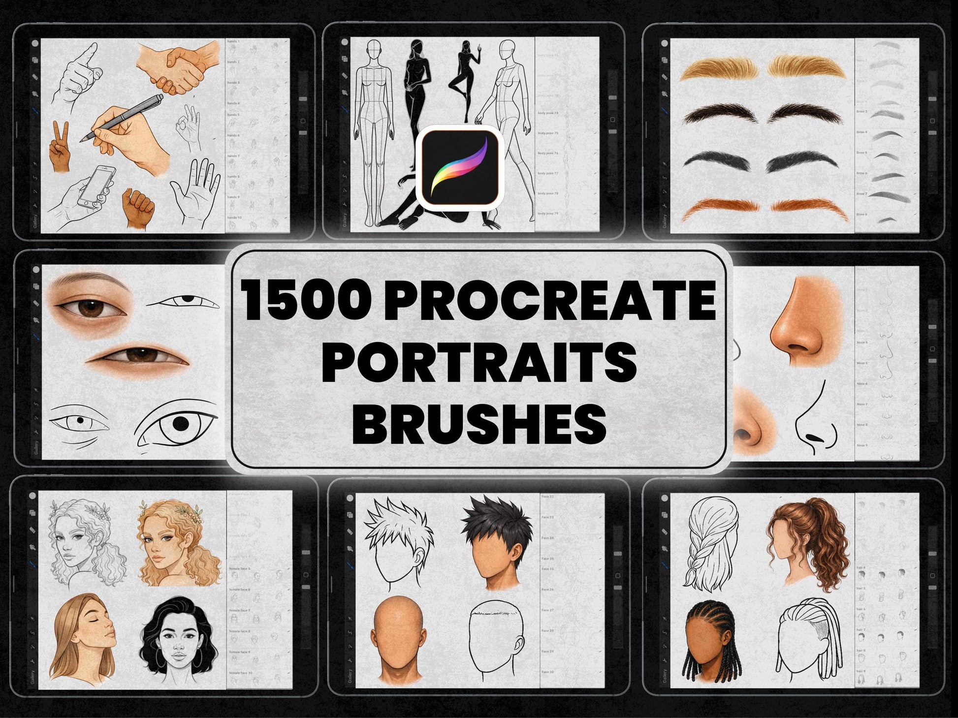 1500+ Procreate Portrait Brushes, Face Hair Body Pose Stamps, Drawing Brushes Bundle, Character Design Kit, Digital Art Tools
